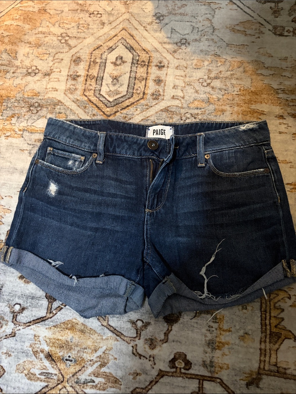 PAIGE Dark Blue Distressed Denim Roll-Cuff Shorts